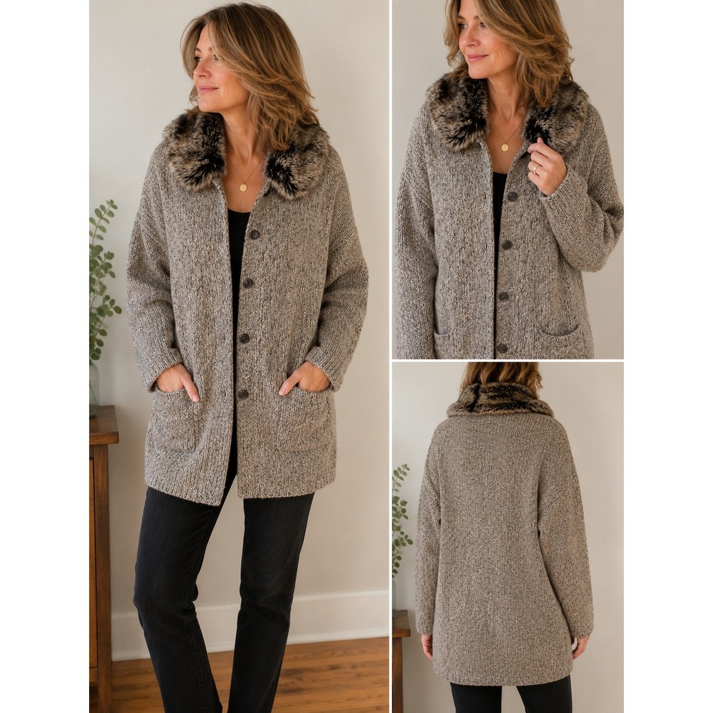 J. Jill Cardigan Sweater Coat M Grey Brown Faux Fur Collar Longline Chunky Knit